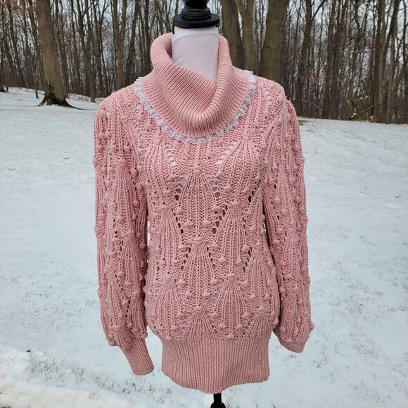 Vintage 3D Open Knit Pink Cotton Sweater Metropolis by Catharine Lover sz Large - Picture 1 of 14